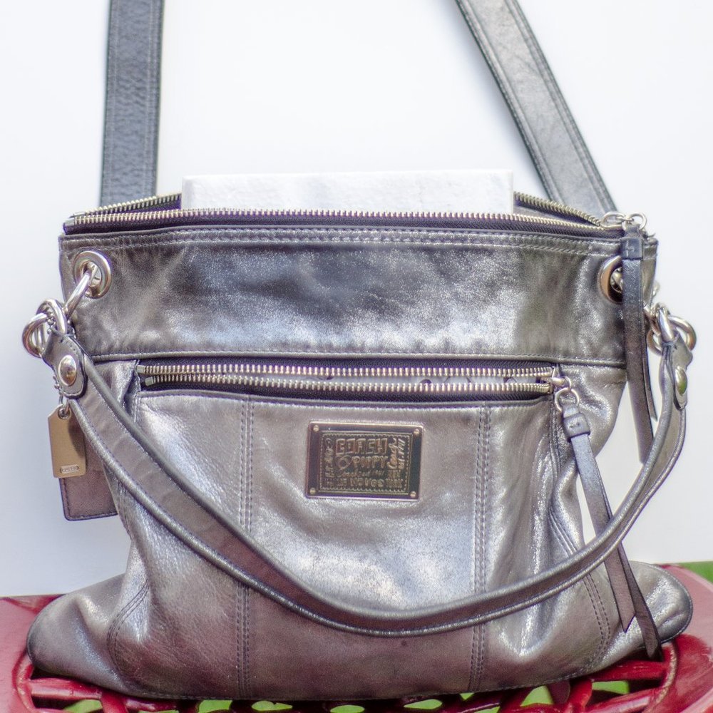 Coach Poppy Gunmetal on Black Leather Crossbody